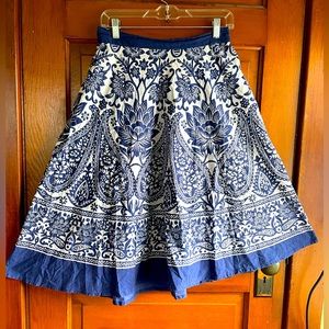 Blue and white paisley Studio West swing skirt elastic India cotton